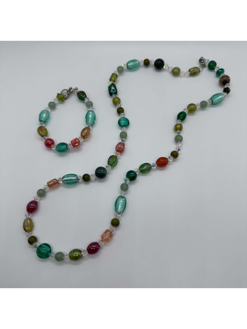 Multicolor Glass Beaded Necklace And Bracelet Set Green Pink EUC